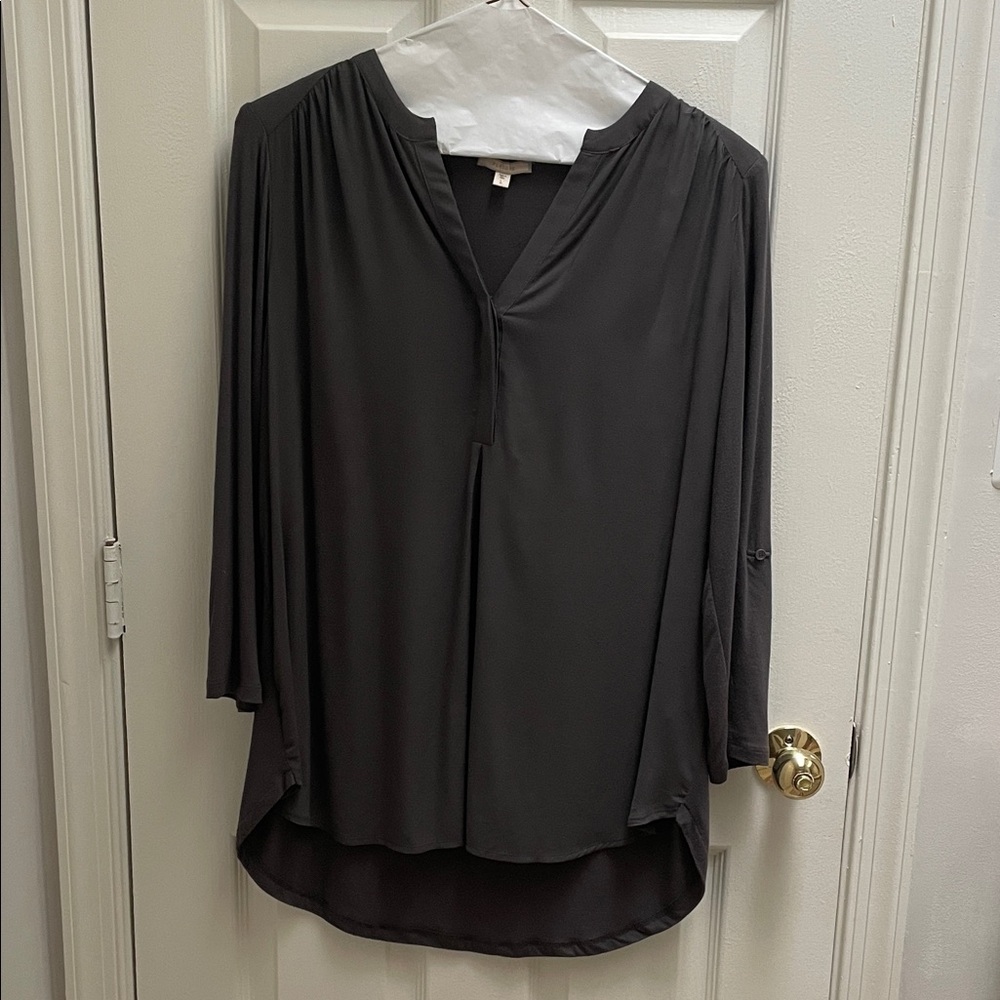 Pleione Charcoal Gray Asymmetrical 3/4 Sleeve Blouse